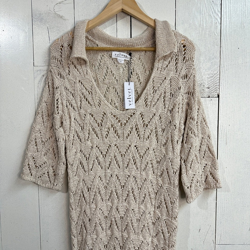 Velvet by Spencer Graham Jacqueline Crochet Maxi Dress Beige Knit Womens S‎ NWT - Picture 4 of 7